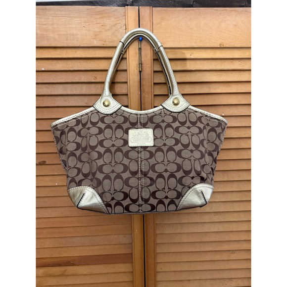 Coach Handbags - Coach Bleeker Khaki Signature Jacquard/Gold Patent Leather Tote Shoulder Bag